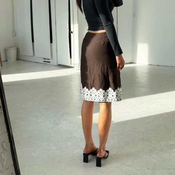 Loft Brown Linen Midi Skirt w/ Embroidered Hem - Picture 2 of 7